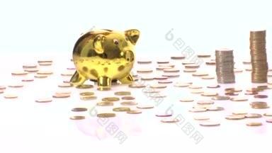 看着这张桌子，一个很小的胖猪从它身上露出来，一些小钱币就从左撇子爬下来